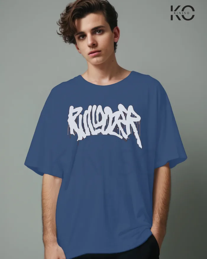 Image of Glaucous Blue color drop shoulder t-shirt with Bulldozer Print for men at reasonable price